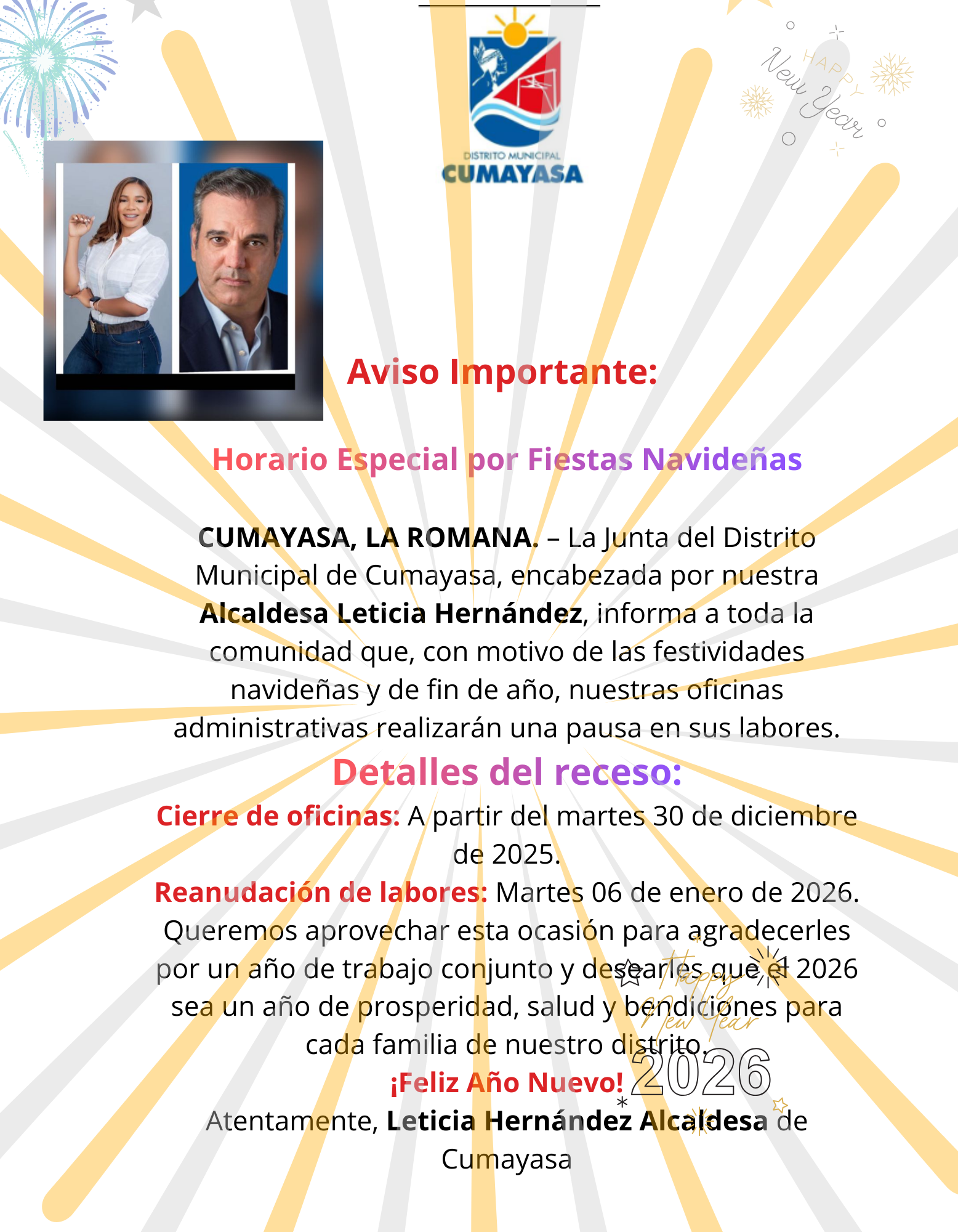 Aviso Importante: Horario Especial por Fiestas Navideñas, Diciembre 2025